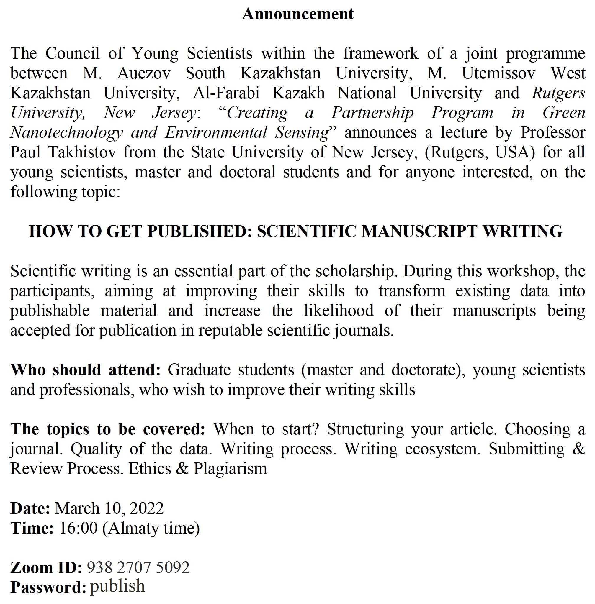 Announcement of a lecture on the topic: “How to get published: scientific manuscript writing”